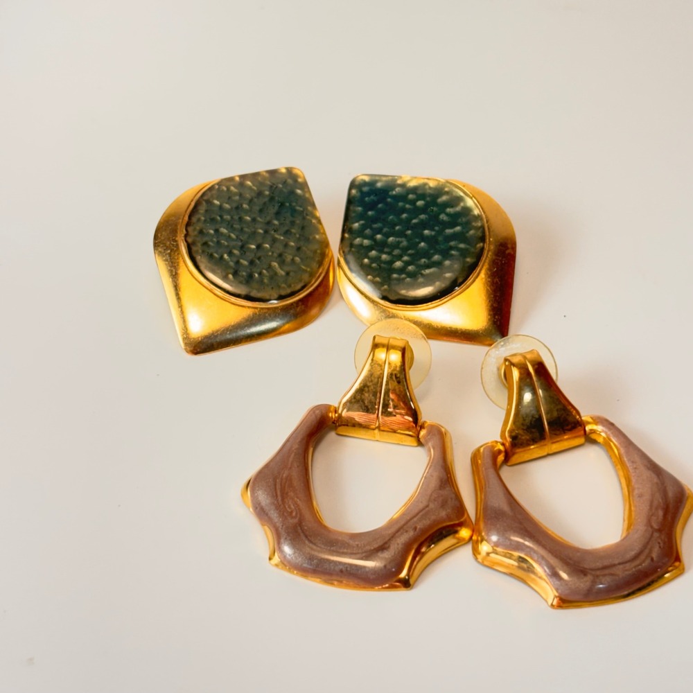 Vintage 1980s Earrings Gold Green Mauve Statement Boho Lot